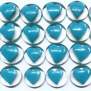 24 Hand Painted Glass Gems - LIGHT BLUE HEARTS Party Decoration Wedding Birthday